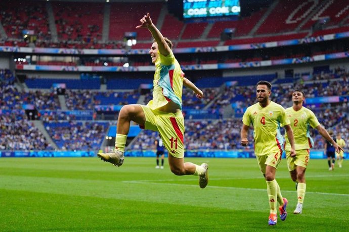 Fermín López celebra un gol ante Japón, en los Juegos Olímpicos de París.