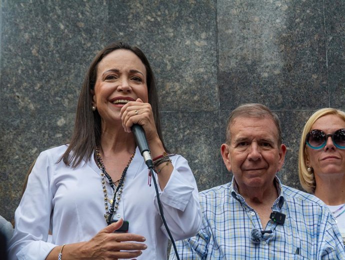 July 21, 2024, Caracas, Miranda, Venezuela: Opposition leader Maria Corina Machado, speaks to her followers..Day of prayer for the opposition candidate Edmundo Gonzalez and Maria Corina Machado in Bolivar Square in Chacao, for reconciliation and peace in 