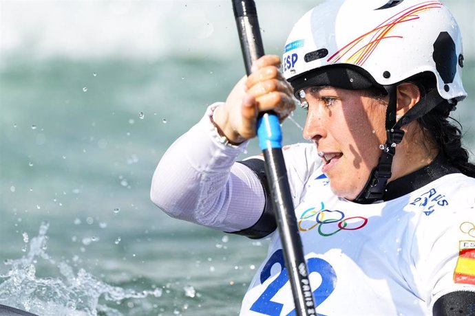 Miren Lazkano of Spain competes during Women's Kayak Cross Time Trial of the Canoe Slalom on Vaires-sur-Marne Nautical Stadium - White water during the Paris 2024 Olympics Games on August 2, 2024 in Paris, France.