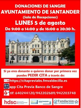 El Ayuntamiento de Santander acoge este lunes un punto de donación de sangre