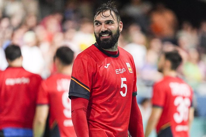 Maqueda Jorge (ESP) celebrate victory during the Men's Preliminary Round Group A, handball match played between Spain and Slovenia at South Paris Arena 6 during the Paris 2024 Olympics Games on July 27, 2024 in Paris, France.