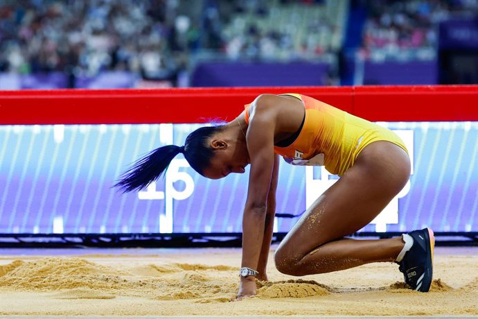 Ana Peleteiro-Compaore of Spain gestures during the Women's Triple Jump Final of the Athletics at Stade de France during the Paris 2024 Olympics Games on August 3, 2024 in Paris, France.