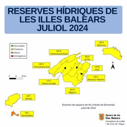 Mapa de las reservas hídricas del mes de julio de 2024 en Baleares