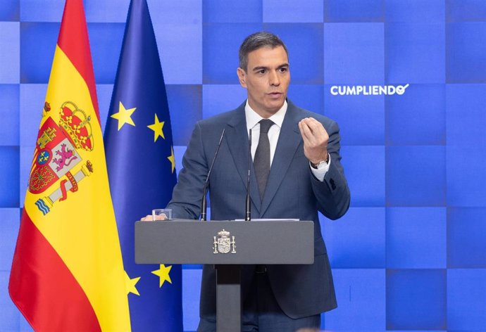 El presidente del Gobierno, Pedro Sánchez, comparece para hacer balance del curso político, en el Complejo de la Moncloa, a 31 de julio de 2024, en Madrid (España).