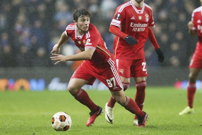 Archivo - Joao Neves of Benfica during the UEFA Europa League, Round of 16, 2nd leg football match between Rangers FC and SL Benfica on 14 March 2024 at Ibrox Stadium in Glasgow, Scotland - Photo Bruce White / Colorsport / DPPI