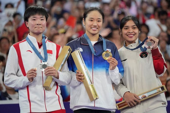 Podio de la prueba femenina de bádminton de los Juegos Olímpicos de Paris 2024