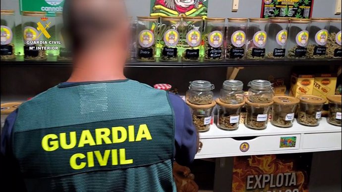 Un agente de la Guardia Civil en un registro de la asociación cannábica de Ayamonte.