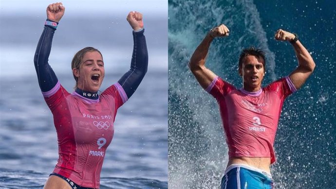 La estadounidense Caroline Marks y el francés Kauli Vaast, campeones olímpicos de surf en Teahupo'o.