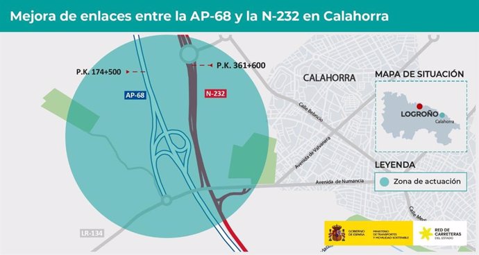 Transportes adjudica por 341.000 euros la redacción del proyecto para mejorar los enlaces entre la AP-68 y la N-232 en Calahorra