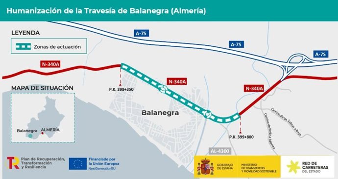 Infografía del tramo de Balanegra (Almería) en el que el Ministerio de Transportes y Movilidad Sostenible actuará.