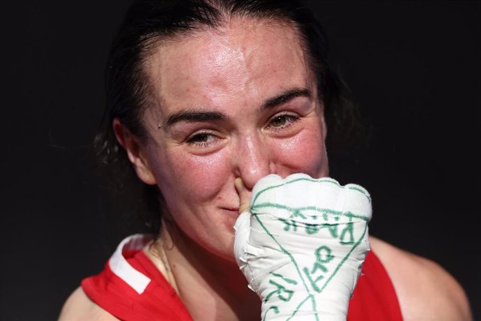 03 August 2024, France, Paris: Ireland's Kellie Harrington after winning the Women's 60kg - Quarterfinal bout against Brazil's Beatriz Ferreira at the North Paris Arena on the eighth day of the 2024 Paris Olympic Games. Photo: Isabel Infantes/PA Wire/dpa