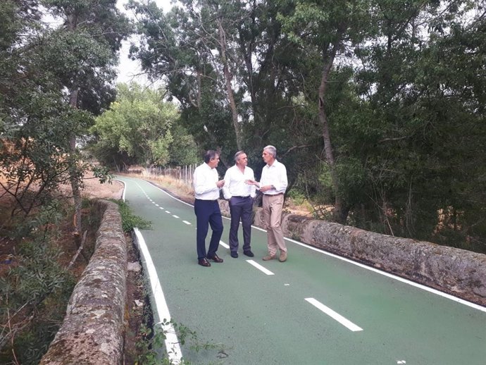 El viceconsejero, el director general de Carreteras y el delegado de la Junta en la visita al carril bici.