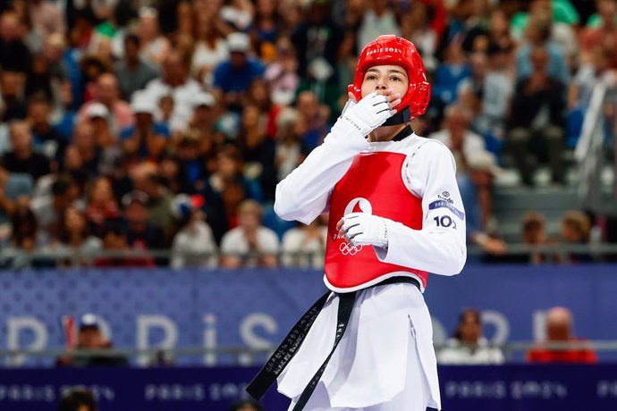 Adriana Cerezo Iglesias of Spain gestures against Maria Sara Grippoli Gagliardo of Uruguay during the Women's -49kg Round of 16 at the Grand Palais during the Paris 2024 Olympics Games on August 7, 2024 in Paris, France.