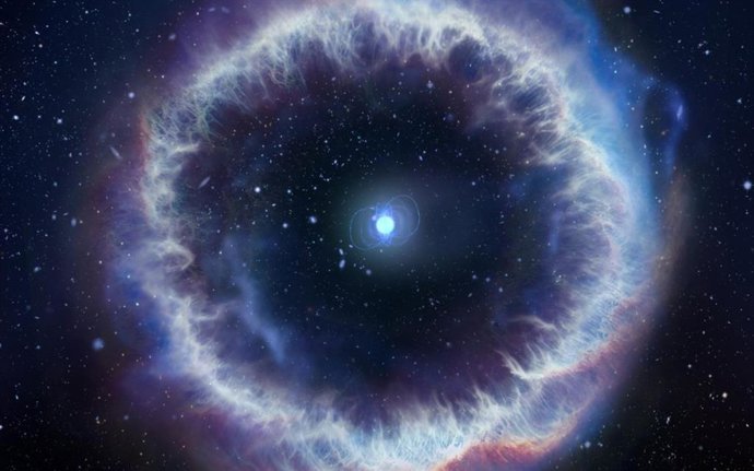 Representación artística de un magnetar rodeado por la nebulosa responsable de la emisión radio asociada a algunas ráfagas rápidas de radio (FRB)