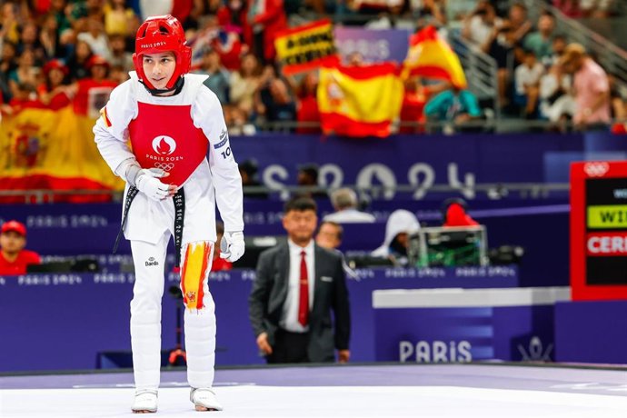 Adriana Cerezo Iglesias of Spain gestures against Maria Sara Grippoli Gagliardo of Uruguay during the Women's -49kg Round of 16 at the Grand Palais during the Paris 2024 Olympics Games on August 7, 2024 in Paris, France.