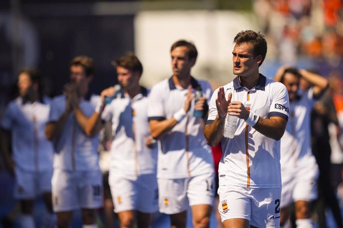 Alejandro Alonso of Spain gestures during Men's Semi-final of the Hockey  between Netherlands and Spain on Yves-du-Manoir Stadium during the Paris 2024 Olympics Games on August 6, 2024 in Paris, France.