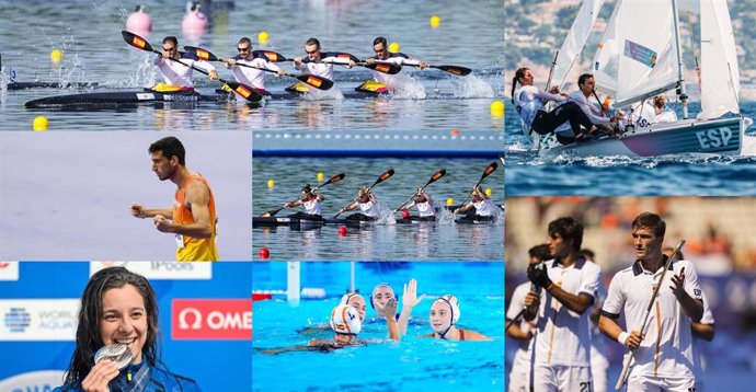 De izquierda a derecha y de arriba abajo: el K4 masculino; Jordi Xammar y Nora Brugman; Quique Llopis; el K4 femenino; la selección masculina de hockey sobre hierba; María de Valdés y la selección española femenina de waterpolo