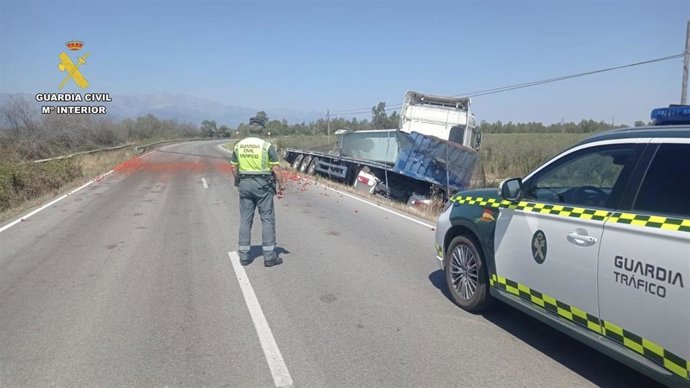 Agente de la Guardia Civil junto al camión accidentado