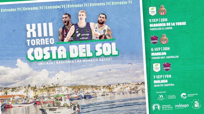 Cartel anunciador del XIII Torneo Costa del Sol de baloncesto que se celebrará entre el 5 y el 7 de septiembre en Alhaurín de la Torre, Manilva y Málaga.