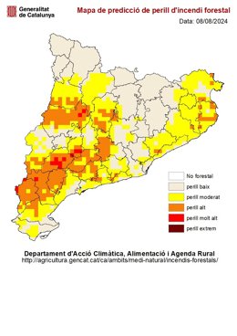 Mapa de peligro de incendio forestal elaborado diariamente por el Servei de Prevenció d'Incendis Forestals del Departament d'Acció Climtica, Alimentació i Agenda Rural.