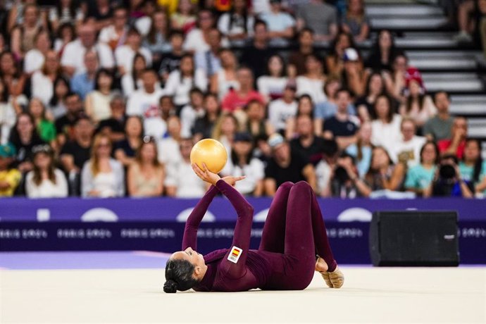 Alba Bautista of Spain performs with the ball during Individual All-Around Qualification - Part 1 of 2 of the Rhythmic Gymnastics on Porte de La Chapelle Arena during the Paris 2024 Olympics Games on August 8, 2024 in Paris, France.