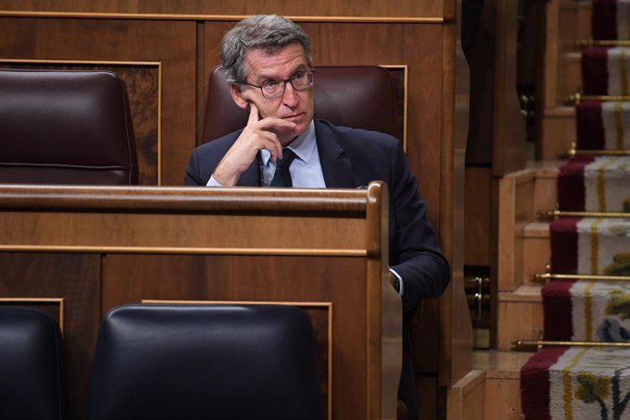 El presidente del Partido Popular, Alberto Núñez Feijóo, durante una sesión plenaria extraordinaria, en el Congreso de los Diputados, a 23 de julio de 2024, en Madrid (España). 