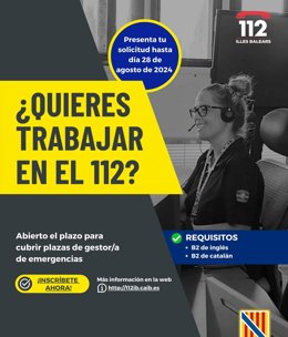 Cartel de la convocatoria para trabajar en el Servicio de Emergencias del 112 en Baleares.