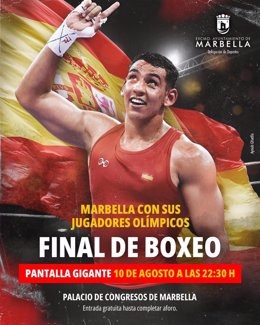 Cartel anunciador de la pantalla gigante que se instalará en el Palacio de Congresos para seguir la final en la que Ayoub Ghadfa pelearé por el oro olímpico.