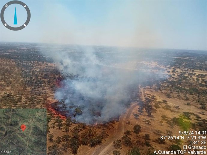 Incendio forestal declarado este viernes en Villanueva de los Castillejos (Huelva).
