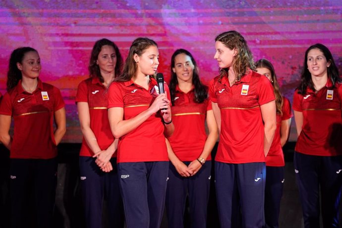 Alisa Ozhogina and Iris Tio during the presentation of Aquatics National Teams of RFEN for the Paris 24 Olympics Games at COE on July 17, 2024 in Madrid, Spain.