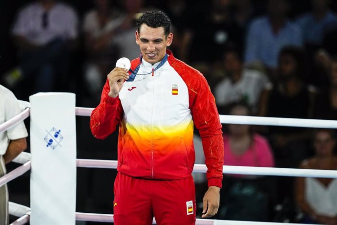 Silver Medallist Ayoub Ghadfa Drissi El Aissaoui of Spain poses for photo after Men's +92kg - Final of the Boxing on Roland-Garros Stadium during the Paris 2024 Olympics Games on August 10, 2024 in Paris, France.