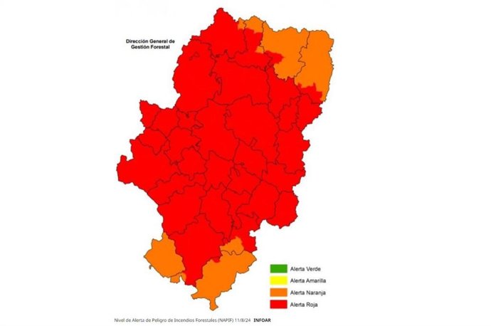 Mapa de Aragón cubierto de rojo por el riesgo elevado de incendios en la Comunidad