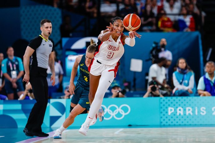 A'ja Wilson of Unites States in action during Women's semifinal match between United States and Australia at Bercy Arena during the Paris 2024 Olympics Games on August 9, 2024 in Paris, France.