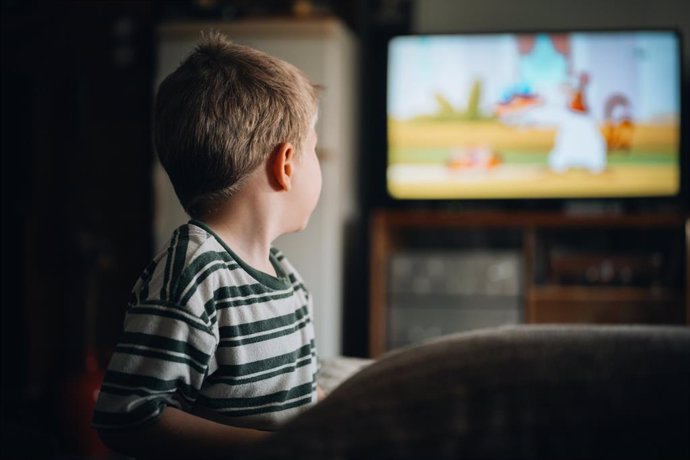 Archivo - Rear view of cute boy sitting on sofa watching TV