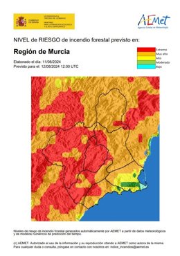Nivel de riesgo de incendio forestal previsto por la Aemet para este lunes