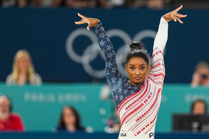 Simone Biles of United States competes in the Floor Exercises during Women's Team Final of the Artistic Gymnastics on Bercy Arena during the Paris 2024 Olympics Games on July 30, 2024 in Paris, France.