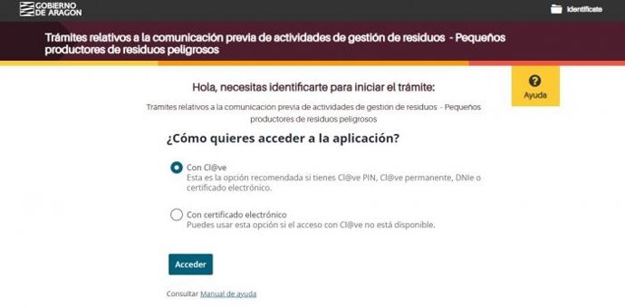 Pantallazo con uno de los procedimientos en los que se ha implantado ya la la tramitación online, el de pequeño productor de residuos peligrosos.