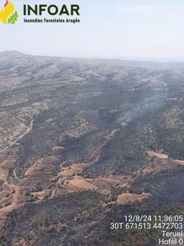 Imagen aérea del sector 4, cabecera del incendio de Corbalán (Teruel)