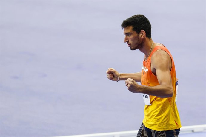 Enrique Llopis of Spain competes during Men's 110m Hurdles Semi-Final of the Athletics on Stade de France during the Paris 2024 Olympics Games on August 7, 2024 in Paris, France.