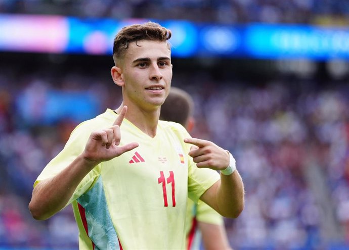 El jugador onubense Fermin Lopez celebrando uno de sus goles con la Selección Española durante la participación en los Juegos Olímpicos de París. 