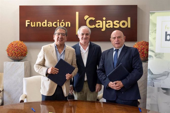 El presidente de la Fundación Cajasol, Antonio Pulido, y el presidente de la Fundación Bidafarma, Leandro Martínez, en la firma de un convenio.