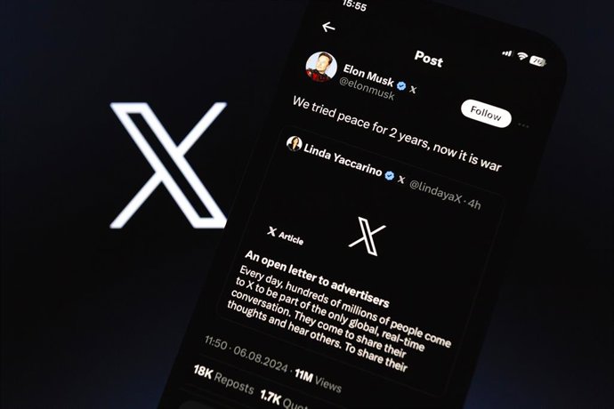 August 6, 2024, Asuncion, Paraguay: ''We tried peace for 2 years, now it is war,'' Elon Musk posted on its X account, as seen on a smartphone. X's CEO Linda Yaccarino posted ''An open letter to advertisers'' claiming that the alleged ''illegal boycott'' i