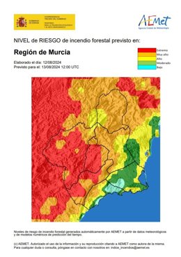 El riesgo de incendio forestal previsto este martes es extremo en la Cuenca de Mula y el Noroeste