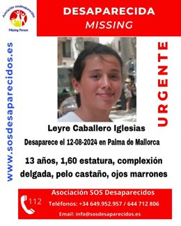 Cartel con la alerta por desaparición de la joven de 13 años.