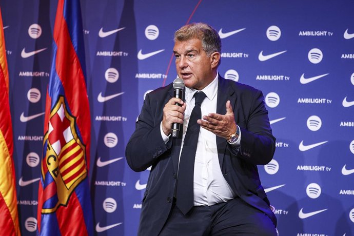 Joan Laporta president of FC Barcelona during Hansi Flick presentation as a new coach of FC Barcelona at Camp Nou stadium on July 25, 2024, in Barcelona, Spain.