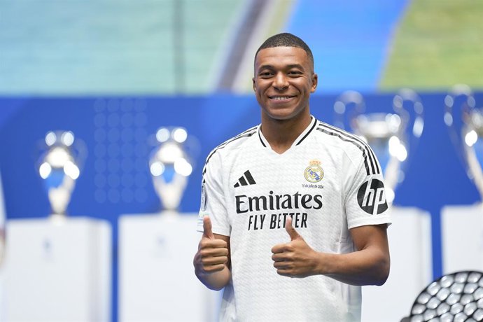 Kylian Mbappe reacts during his presentation as new player of Real Madrid at Santiago Bernabeu stadium on July 16, 2024 in Madrid, Spain.