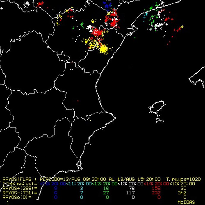 Rayos caídos este martes por la tarde en Castellón