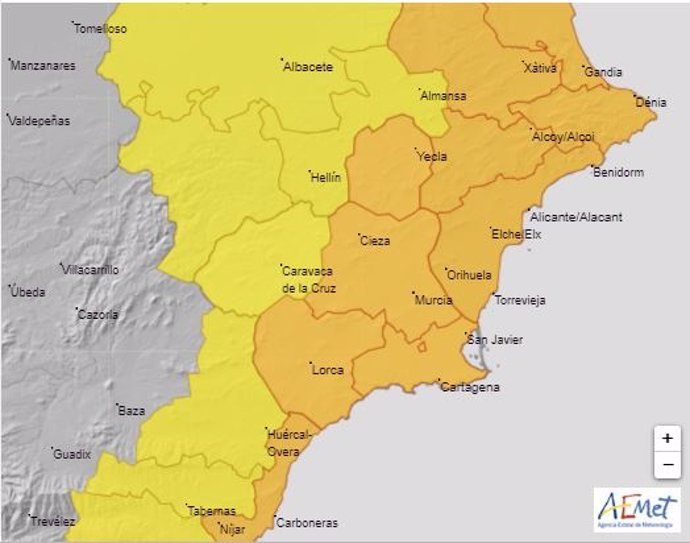 La Aemet eleva a naranja el aviso por lluvias y tormentas para este miércoles en la mayor parte de la Región de Murcia