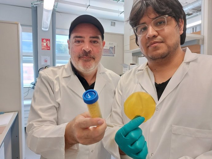 Los investigadores de la URV Ramón Álvarez-Puebla y Brian Becerril, quienes han participado en el proyecto de creación de filtros de luz de gelatina para aparatos ópticos