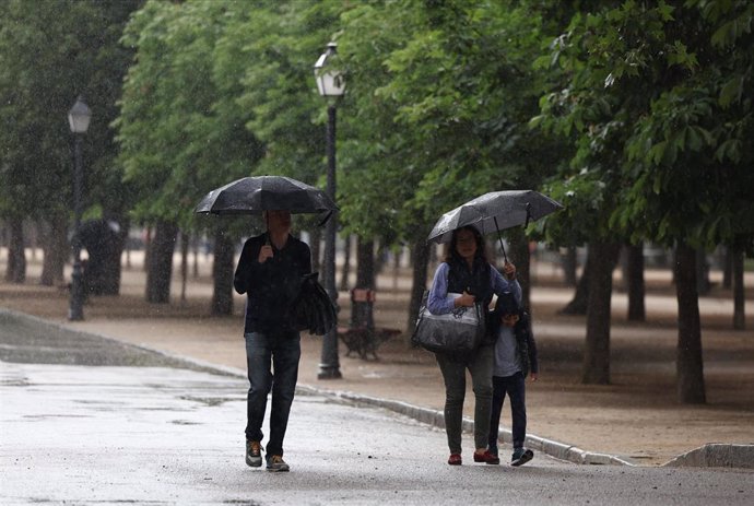 Archivo - Varias personas pasean con paraguas bajo la lluvia. 